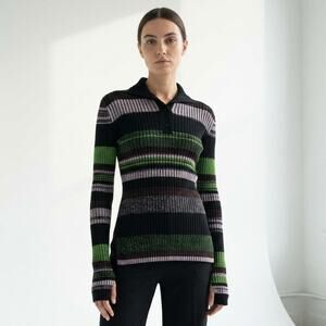 Ganni Button-Front Striped Ribbed-Knit Polo Long Sweater, size XS